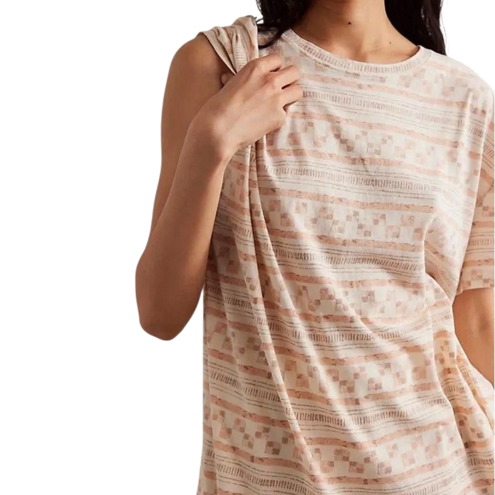 Free People Nina Printed Tee Beige Geometric Boxy Oversized Boho M NWT